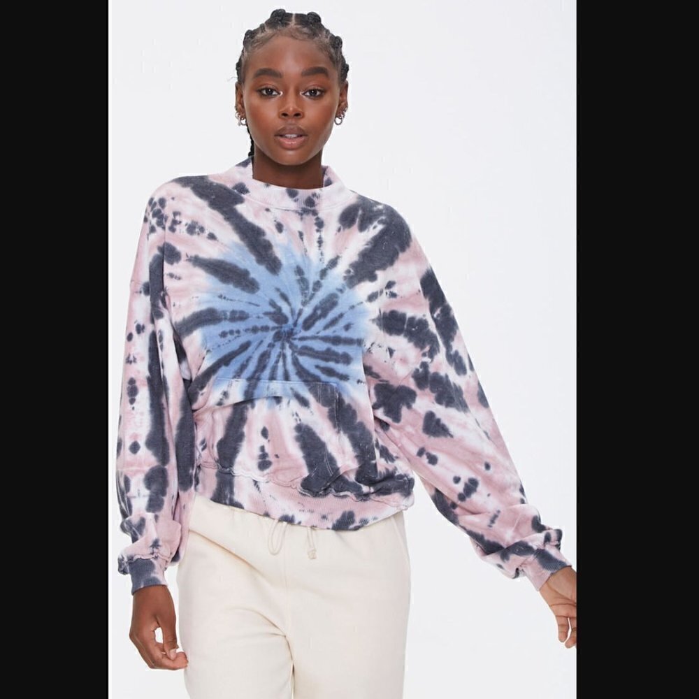 Pink Gray Blue Fleece Tie Dye Mock Neck Sweatshirt M